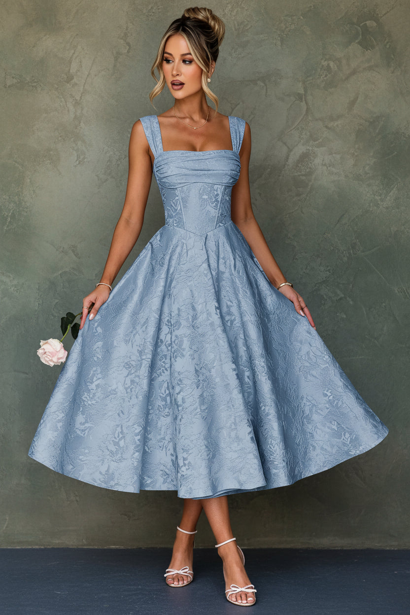 Cap Sleeve Jacquard Prom Dresses for Teens Floral Satin