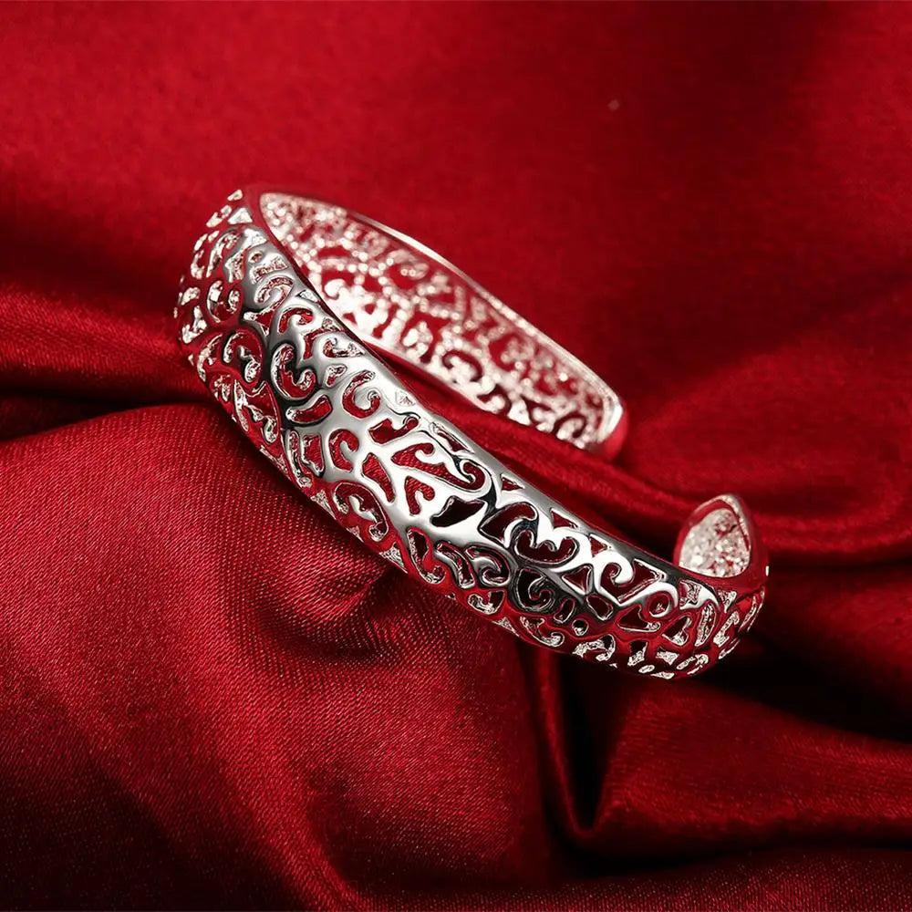 Fine 925 Sterling Silver Hollow Pattern Bangles Bracelets Adjustable