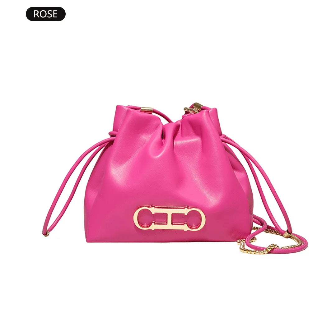 Drawstring Bucket Bag Crossbody Bag with Gold Chain PU