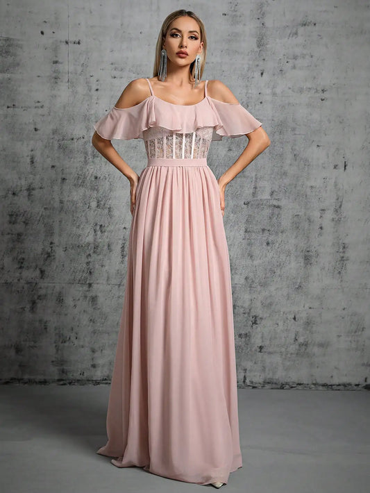Lace Mesh Ruffle Sleeve Maxi Dress