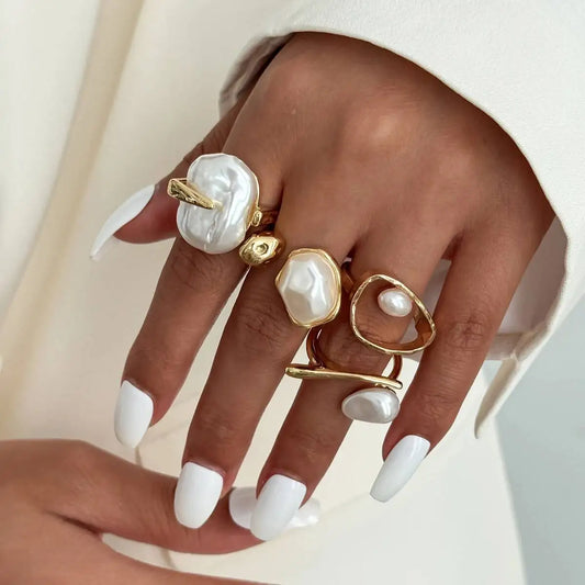 Baroque Imitation Pearl Open Rings Set Elegant Irregular Gold