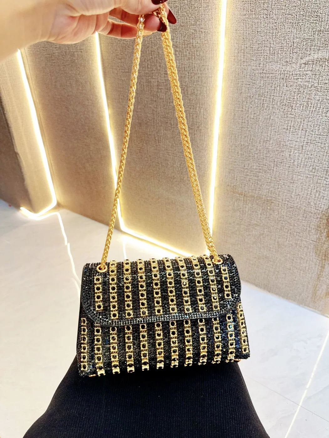 Full Rhinestone Evening Clutch Bag Luxury Leather Chain Handbag