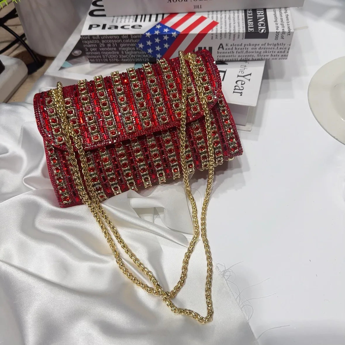 Full Rhinestone Evening Clutch Bag Luxury Leather Chain Handbag