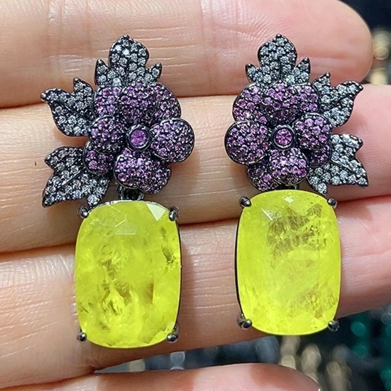 Colorful Purple Green Dangle Earrings for Women Luxury Jewelry Wedding Evening Party Big Drop Earrings Elegant Female Gift