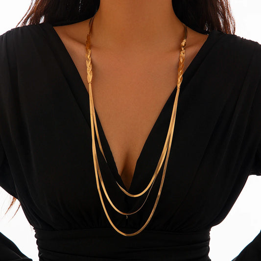 KunJoe Vintage Multi Layer Flat Snake Chain Long Necklace Women Elegant Gold Color Adjustable Choker Sweater Chain Party Jewelry