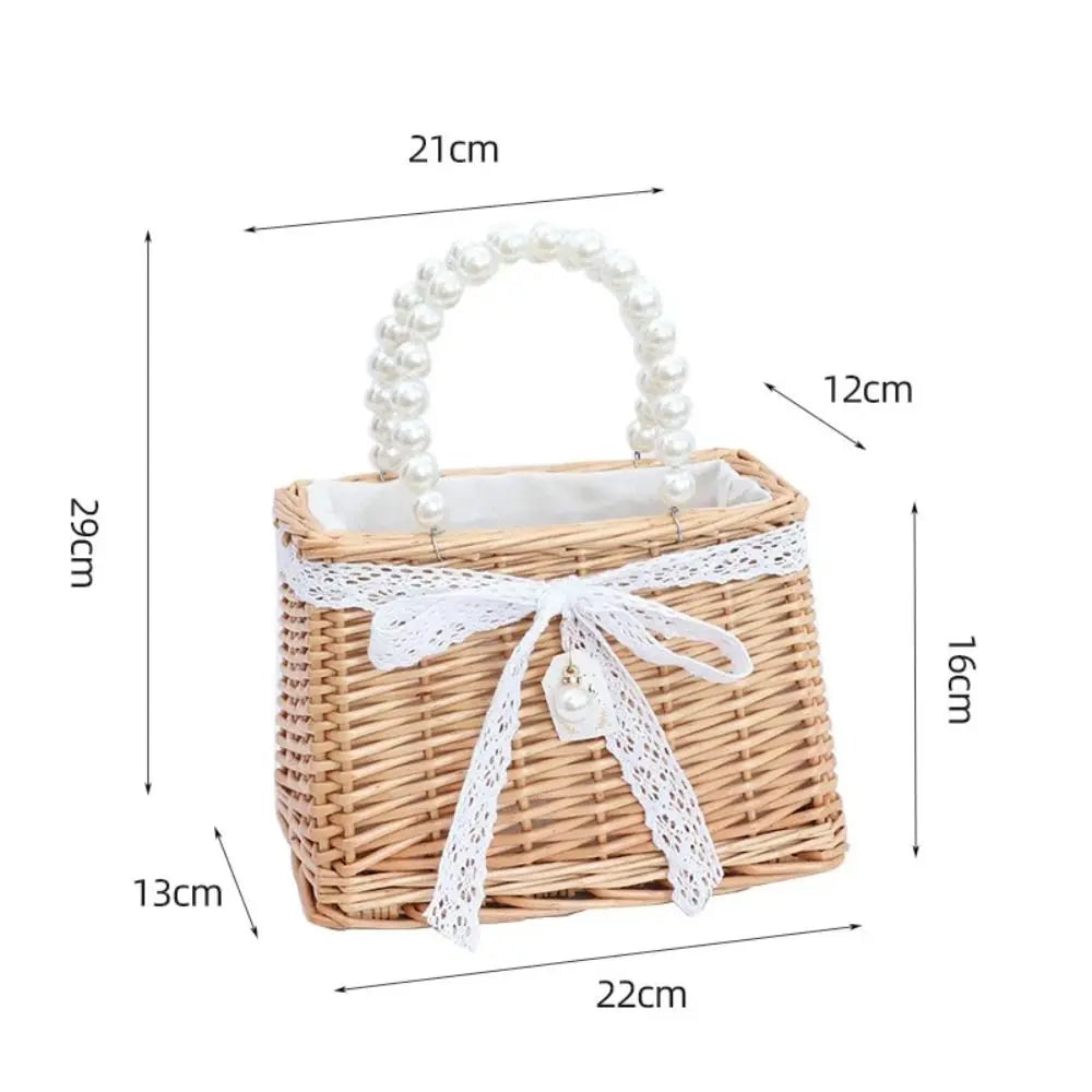 Handwoven Straw Tote Bag with Pearl Handle