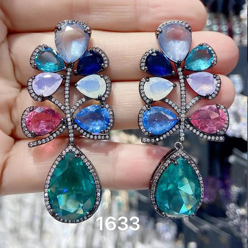 Colorful Purple Green Dangle Earrings for Women Luxury Jewelry Wedding Evening Party Big Drop Earrings Elegant Female Gift