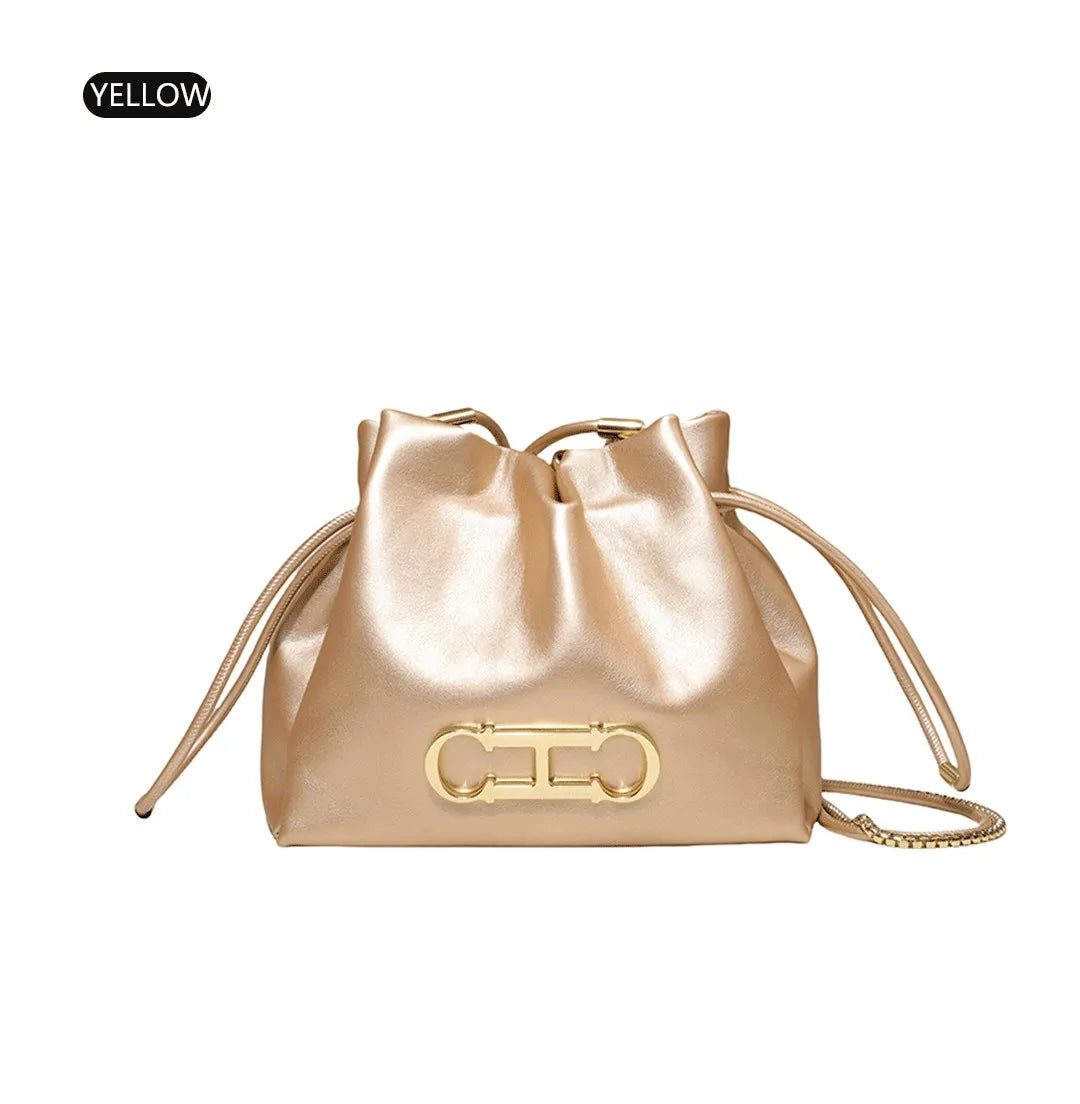 Drawstring Bucket Bag Crossbody Bag with Gold Chain PU