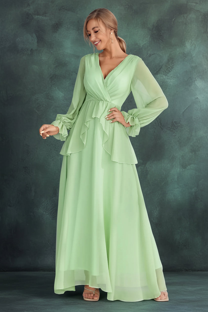 V-Neck Long Sleeve Chiffon Evening Dress