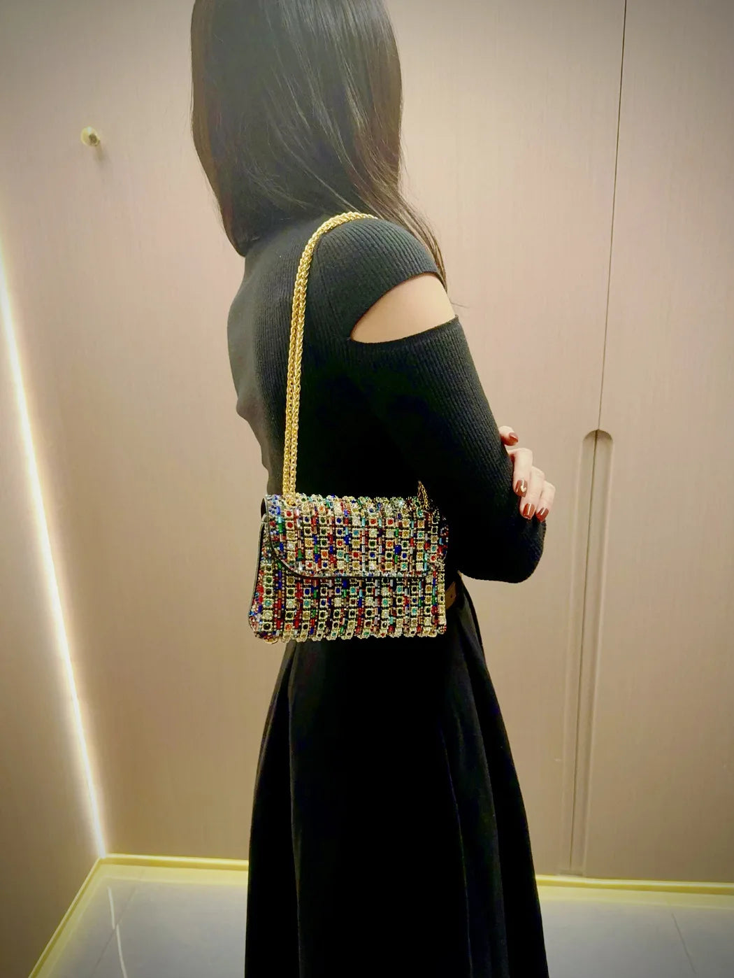 Full Rhinestone Evening Clutch Bag Luxury Leather Chain Handbag