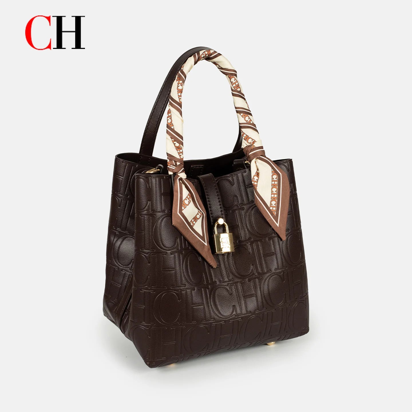 CH Womens Embossed Leather Bucket Bag with Silk Scarf Lock Decor Luxury Designer Handbag Large Capacity Crossbody Tote