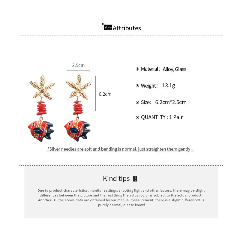 Colorful Ceramic Fish Drop Earrings Starfish Stone Beaded Earrings