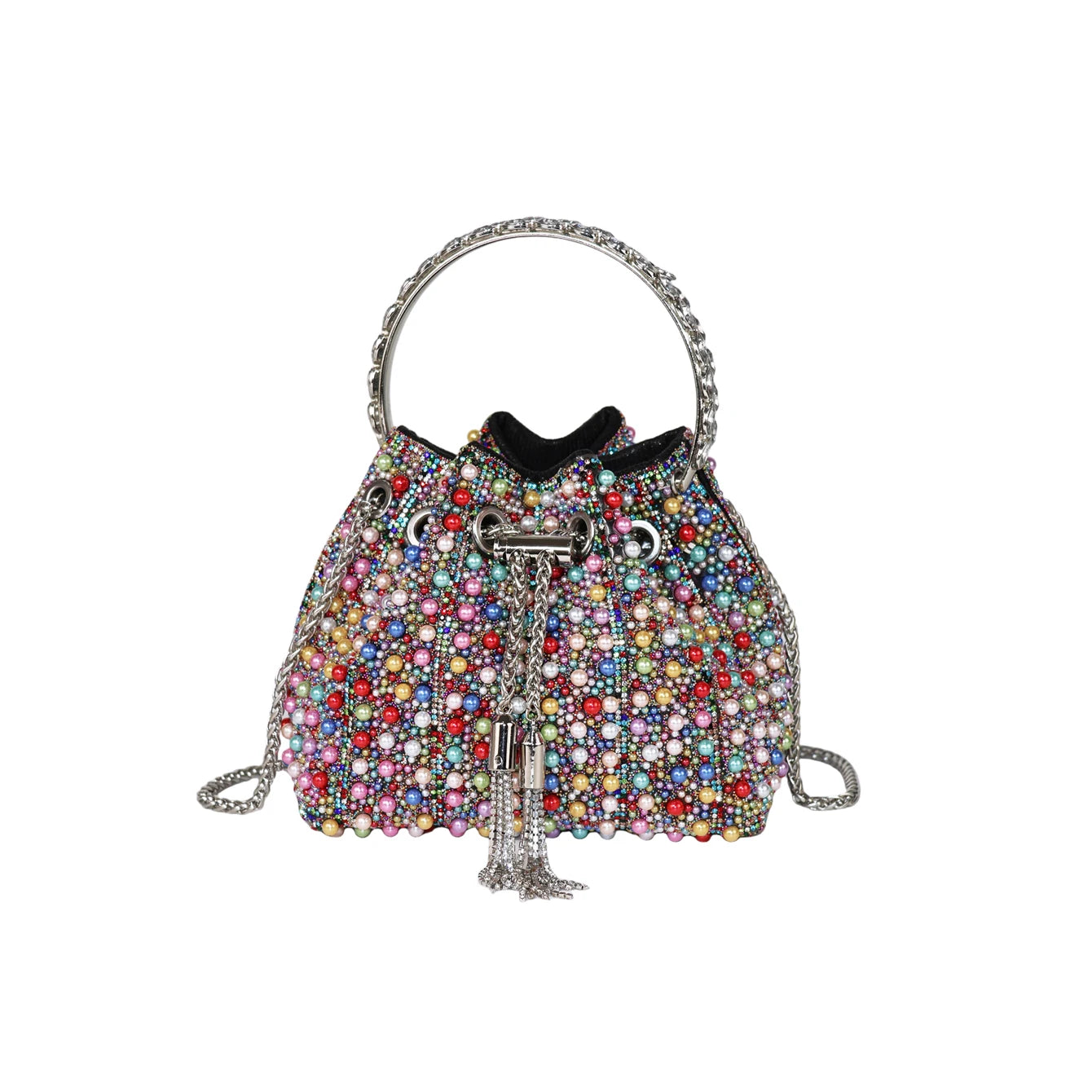 Multicolor Rhinestone Pearl Bucket Bag  luxury bags designers Ring Handle Drawstring Handle Evening Clutch For Wedding Party