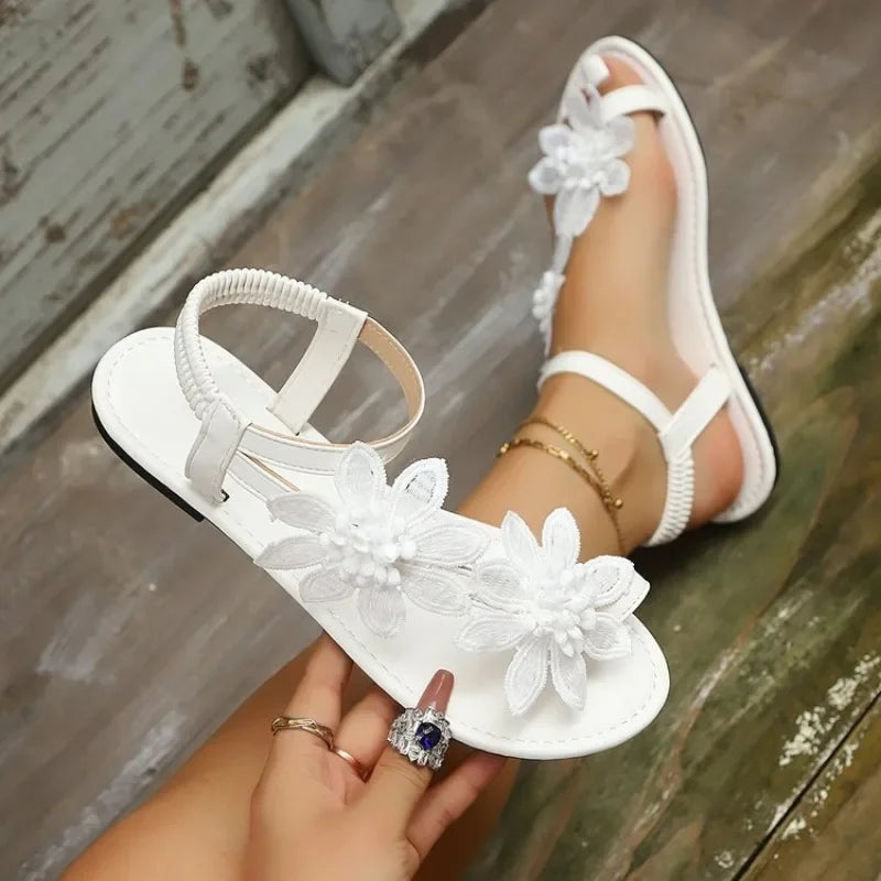 Summer Retro Elegant Sandals Floral Decorative Flat Bottom Sandals