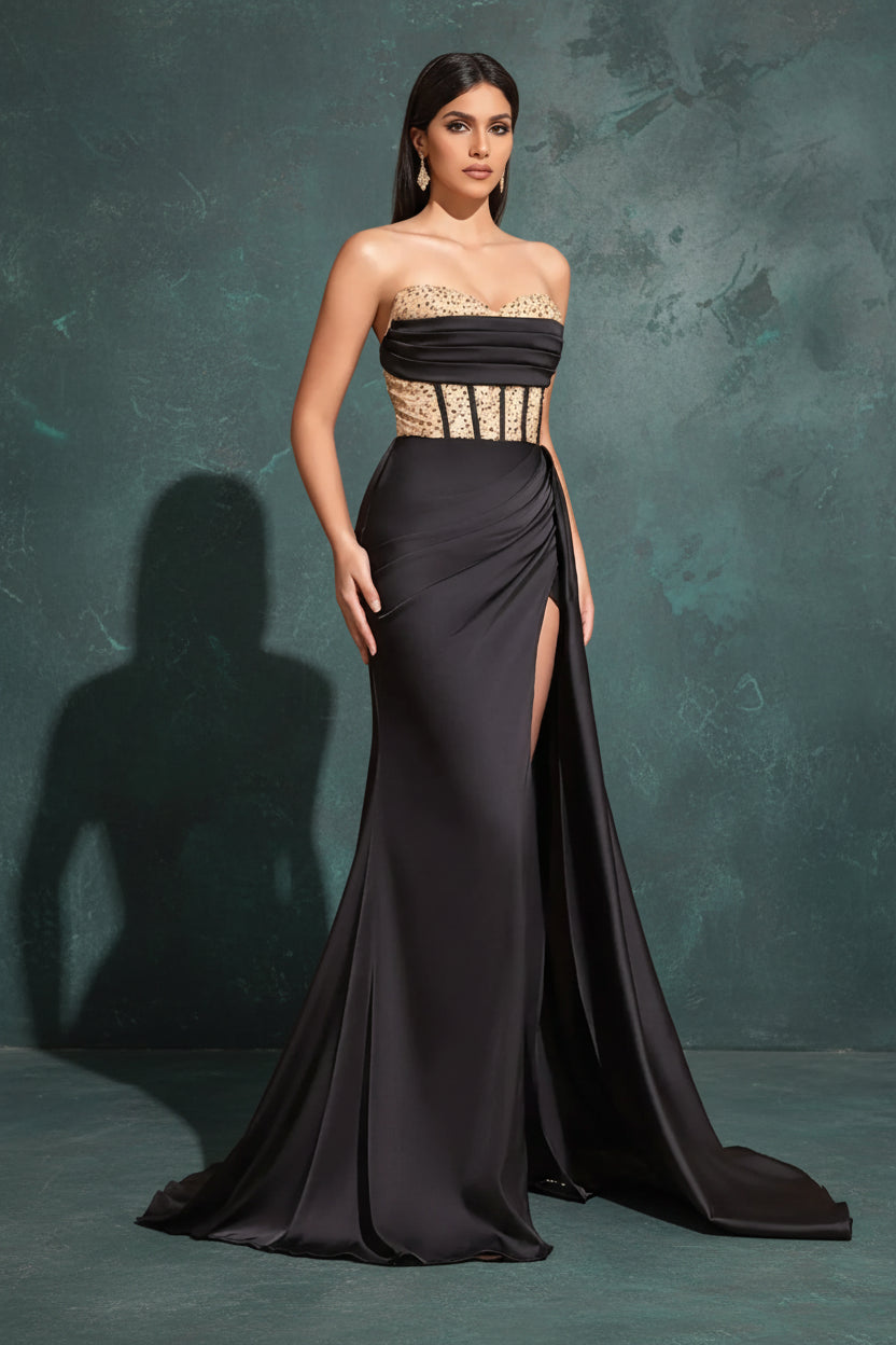 Satin Waist Slimming, Sequin Stitching, Chest Pleats, Slit Floor-length Wedding Dress