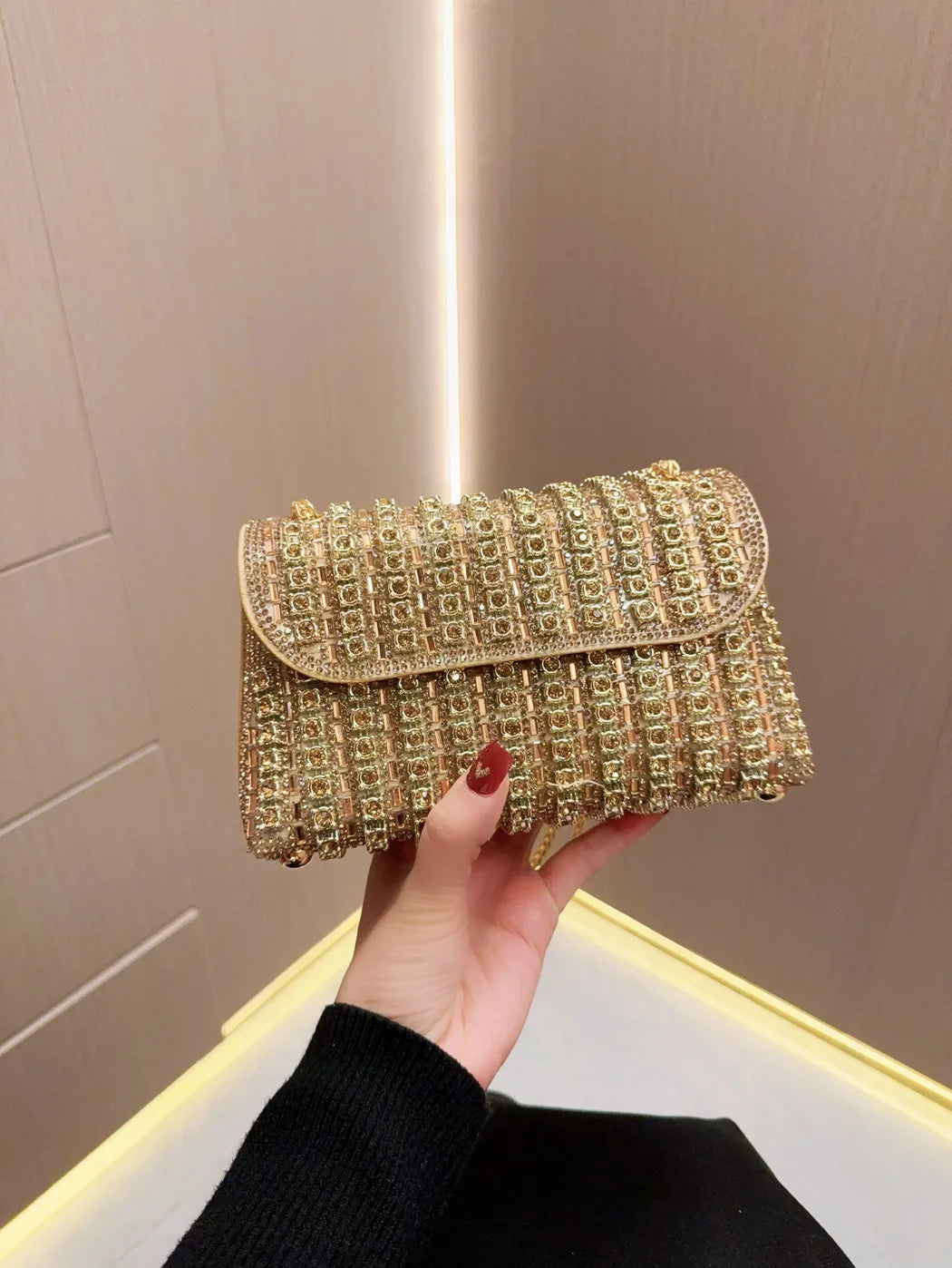 Full Rhinestone Evening Clutch Bag Luxury Leather Chain Handbag