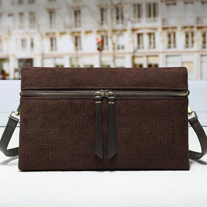 Suede Shoulder Bag Embossed Crossbody Clutch Luxury Designer Handbag
