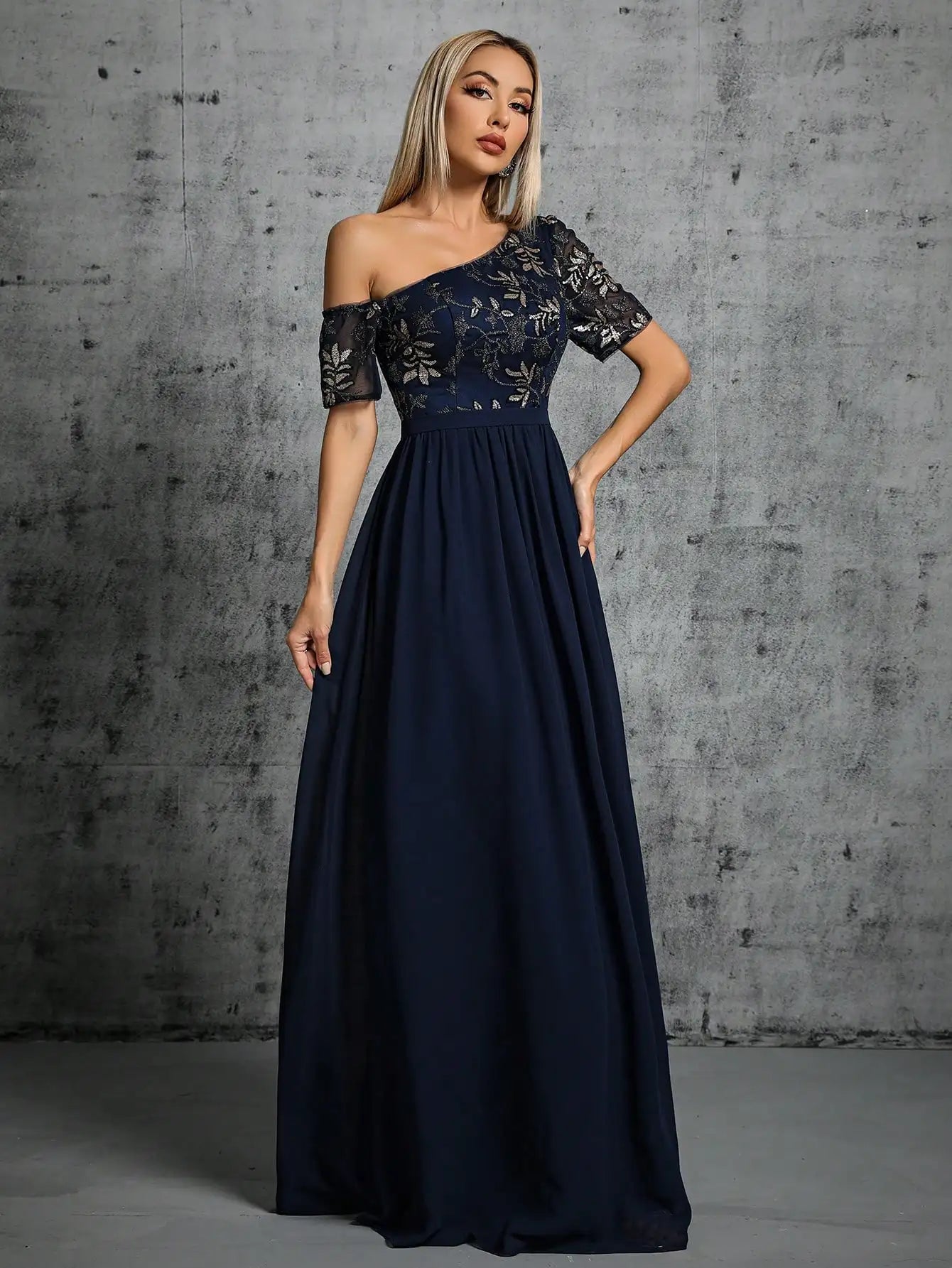 One Shoulder Chiffon Sequin Maxi Dress