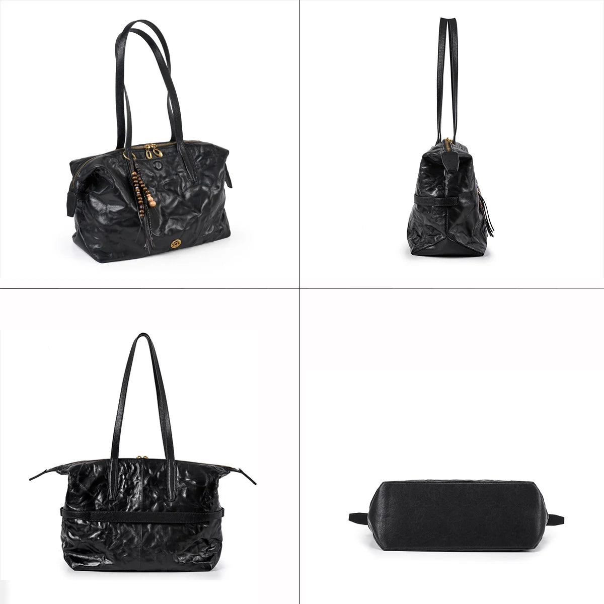 FOXER Crinkled Leather Tassel Tote Bag