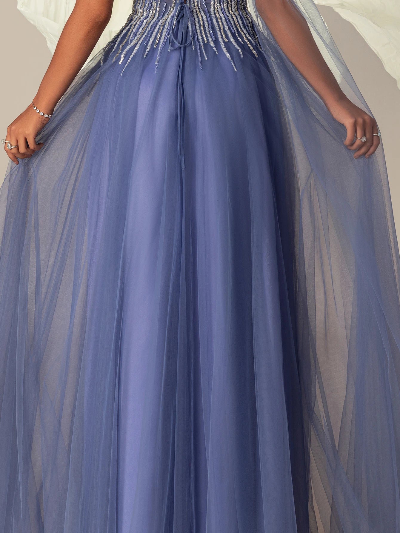 Off Shoulder Beaded Tulle Evening Gown