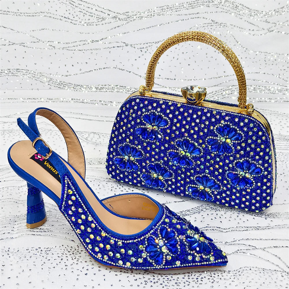Gold Pointed Toe Rhinestone Heels & Bag Set, Sparkly