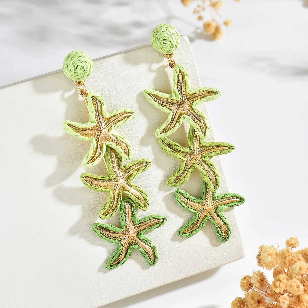 Women Handmade Rainbow Straw Triple Starfish Earrings Color Block Raffia Ball Stud Long Sea Star Dangling Earrings Bohemian Seas