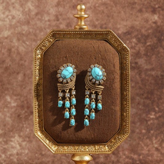 Blue Natural Stone Vintage Turquoise Earring For Lady Egg Design Pendant Tassel Beads Jewelry Luxury Valentine's Day Retro Gift