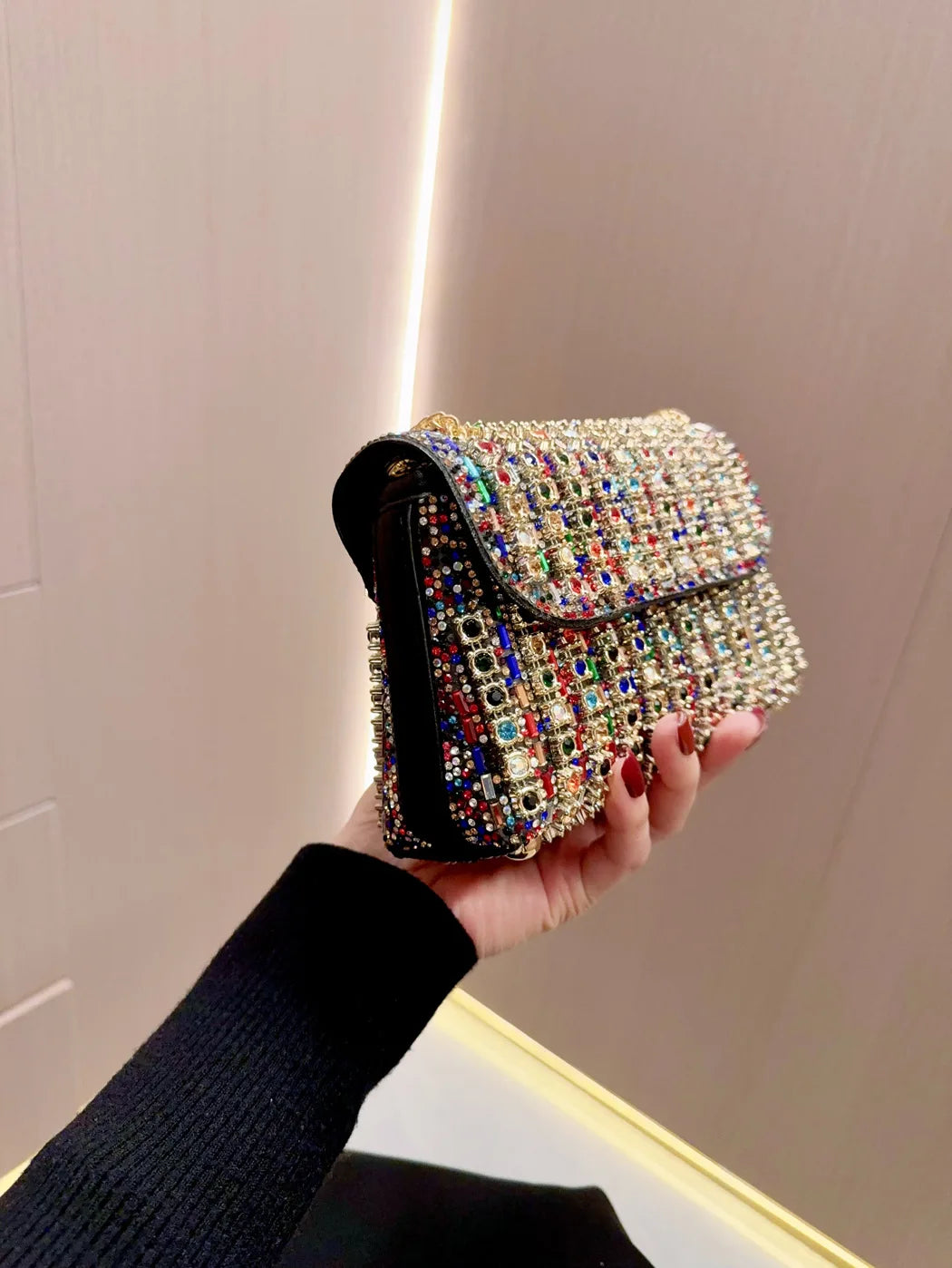 Full Rhinestone Evening Clutch Bag Luxury Leather Chain Handbag