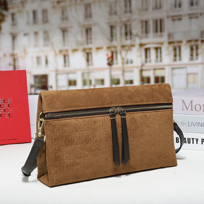 Suede Shoulder Bag Embossed Crossbody Clutch Luxury Designer Handbag