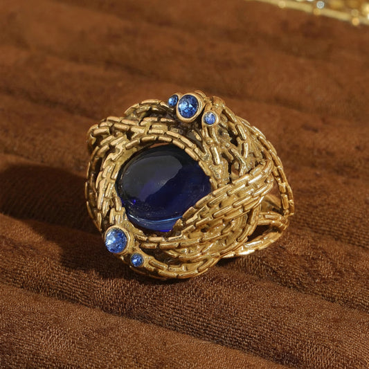 Vintage Ring Blue Sapphire Water Drop Natural Stone Antique Gold Color Crystal Tree Pattern Wrapped Retro Luxury Quality Jewelry