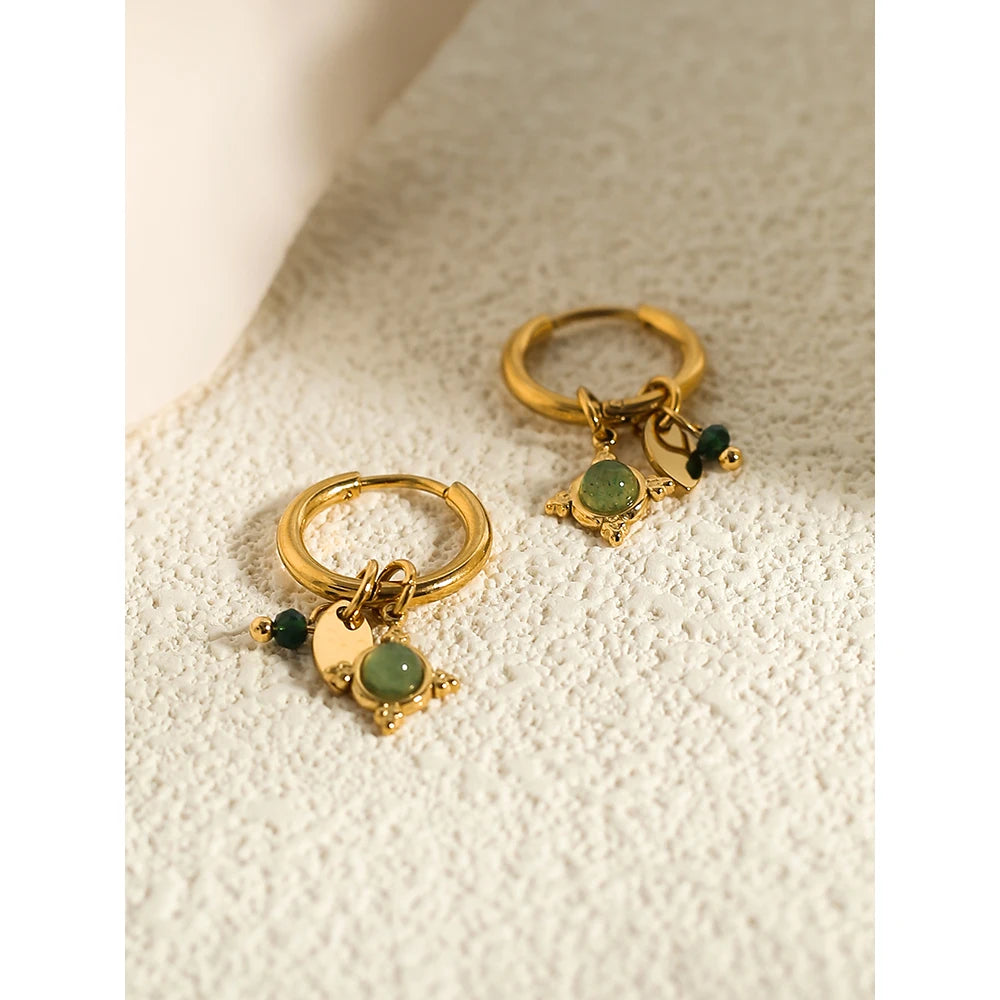 Green Stone Charm Hoop Earrings