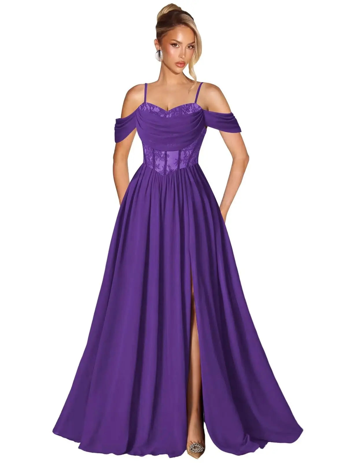 Off Shoulder Lace Applique Prom Dress