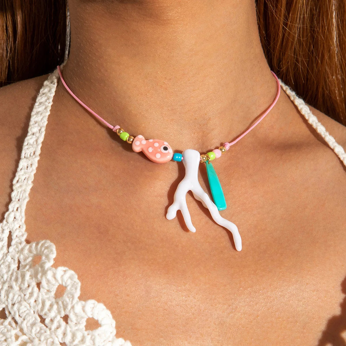 New Ocean Fish Coral Pendant Necklace Boho Colorful Handmade Braided Rope Adjustable Women Vacation Party Jewelry