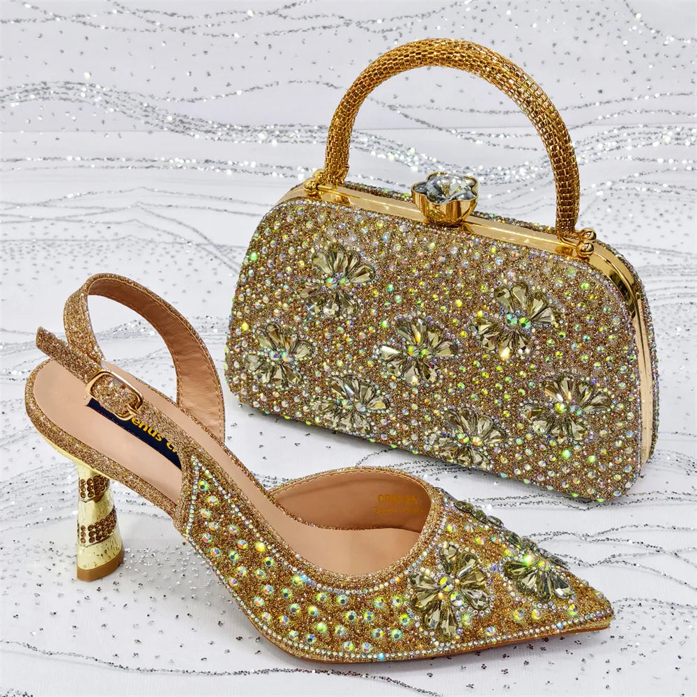 Gold Pointed Toe Rhinestone Heels & Bag Set, Sparkly