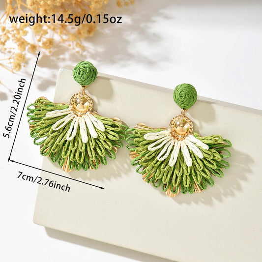 Handmade Colorful Straw Fan Fringe Earrings Raffia Ball Stud