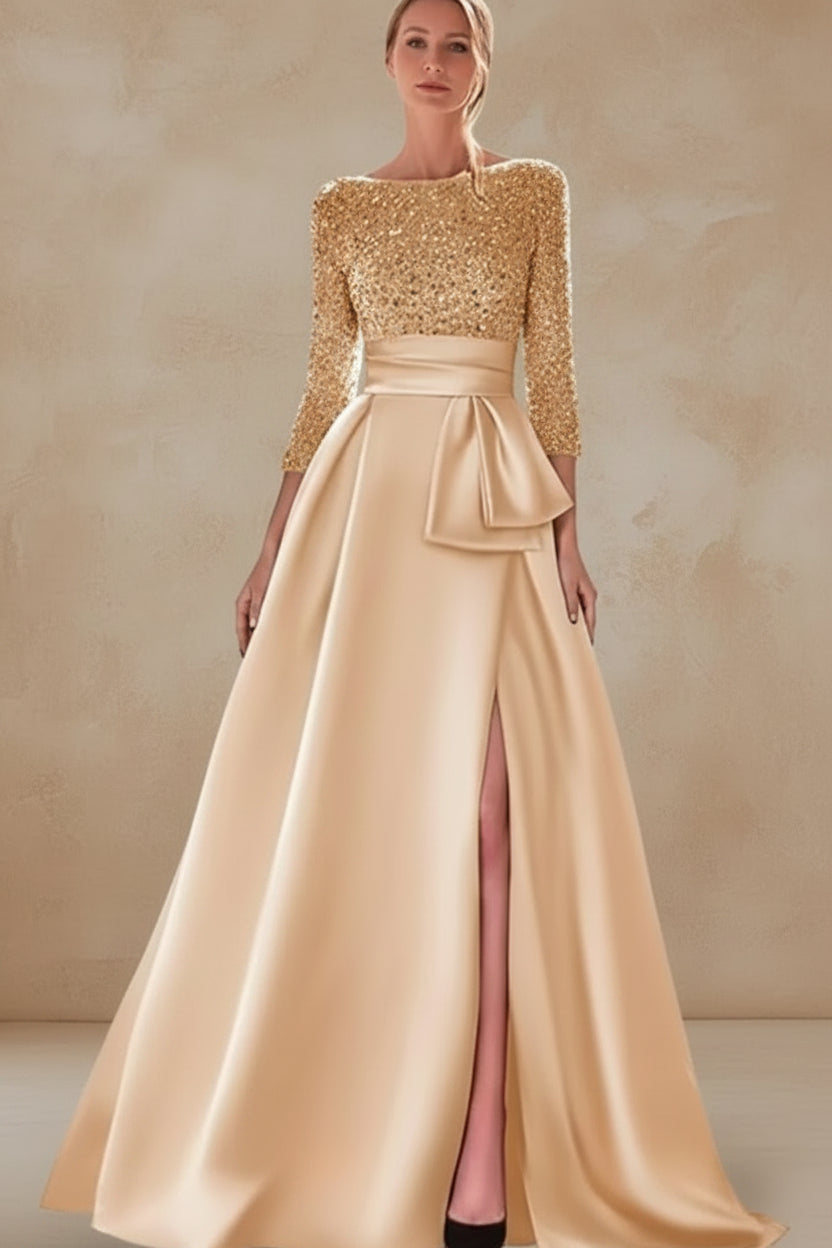 Long Sleeves Mother Of The Bride Dresses For Wedding Sparkly Sequin Ball Gowns Side Slit Satin Formal Party Prom Gown