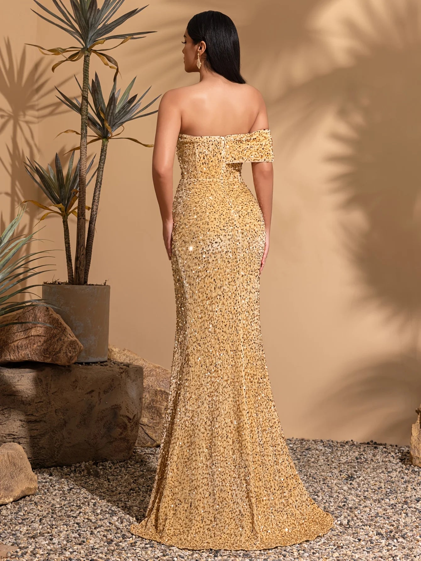 Off-the-shoulder asymmetrical sleeves slit sequined dress