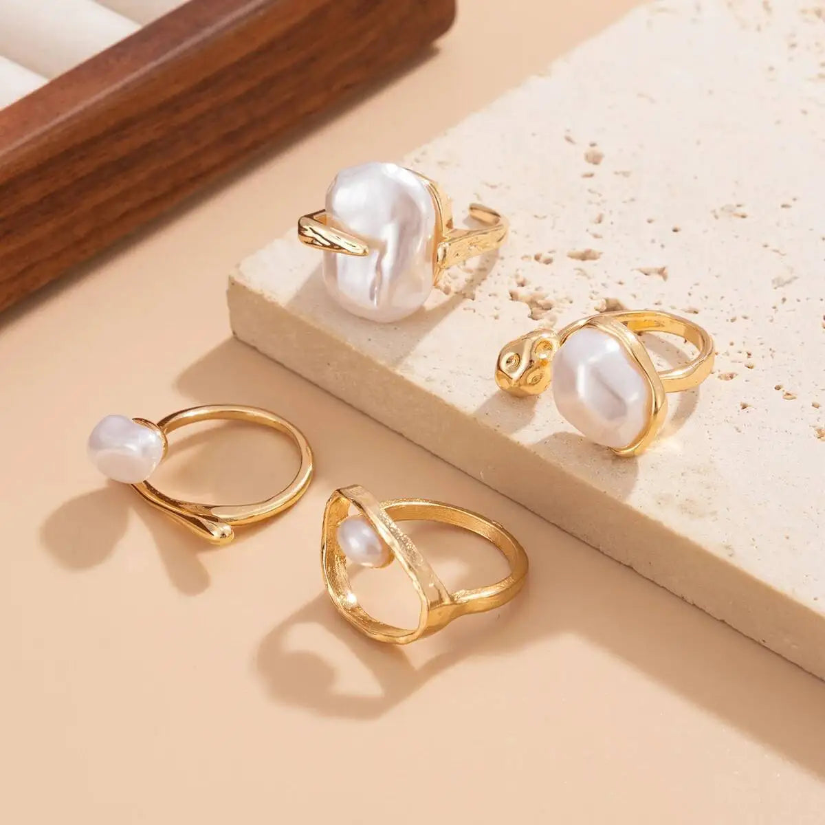 Baroque Imitation Pearl Open Rings Set Elegant Irregular Gold
