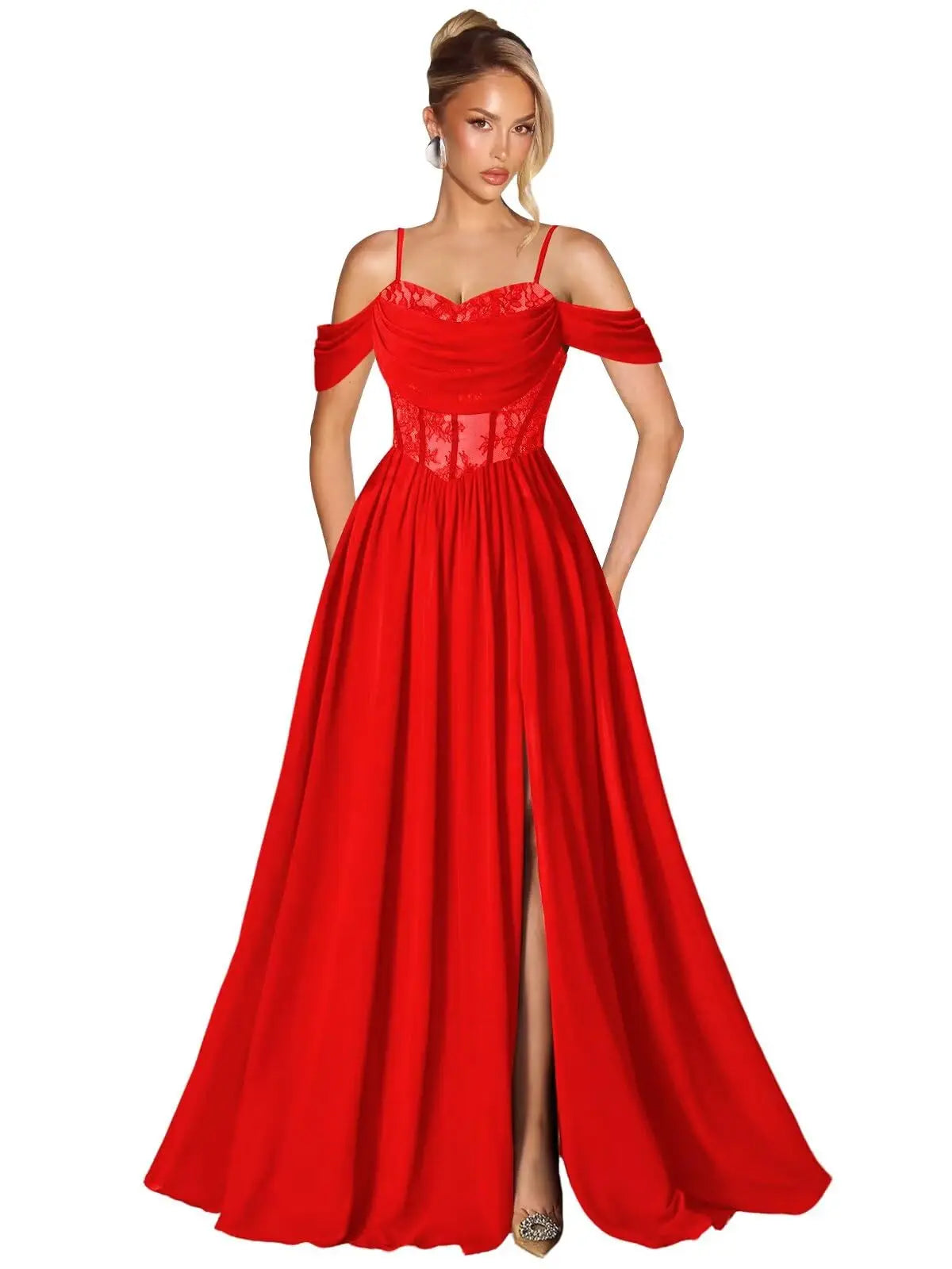 Off Shoulder Lace Applique Prom Dress