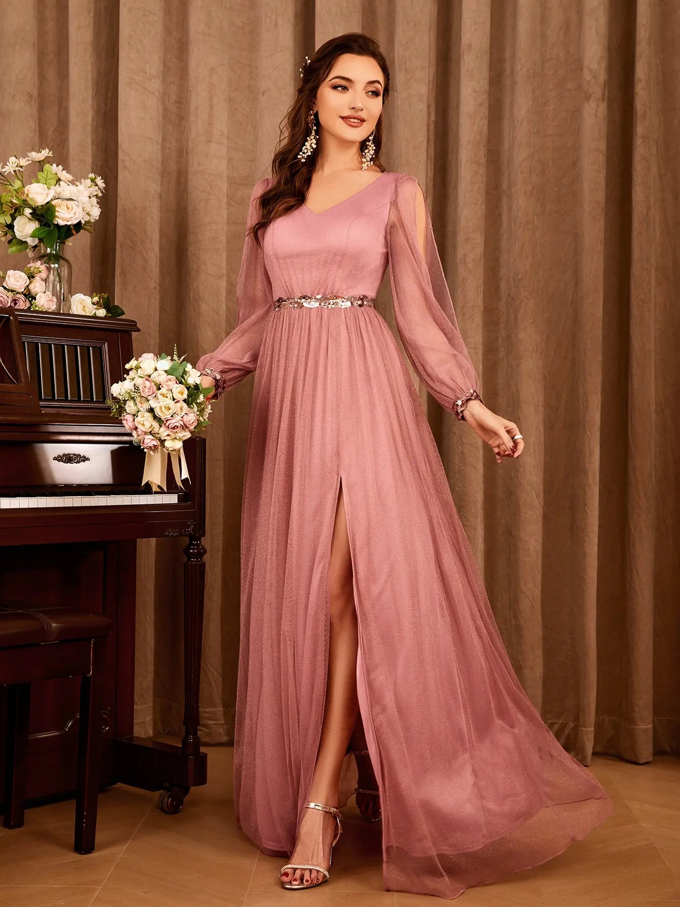 V-Neck Appliqué Slit Evening Gown