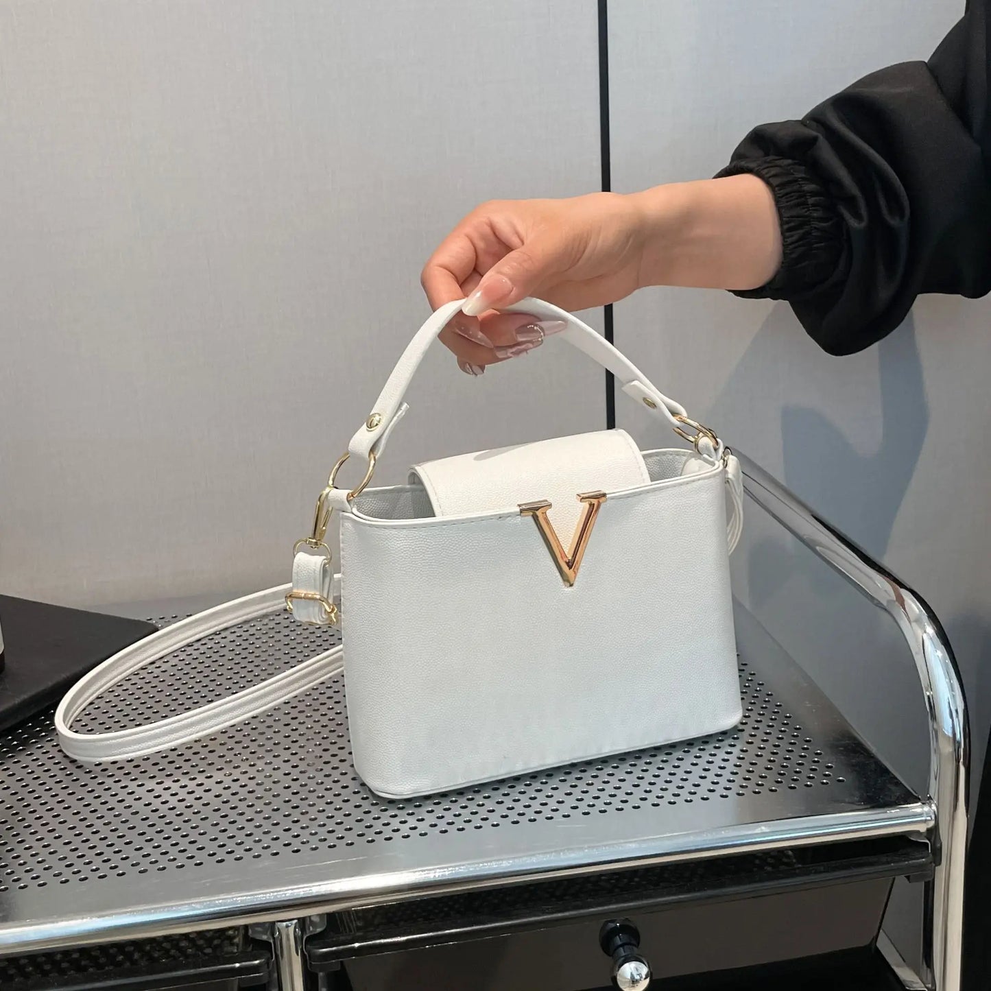 V-Shaped PU Leather Bucket Bag