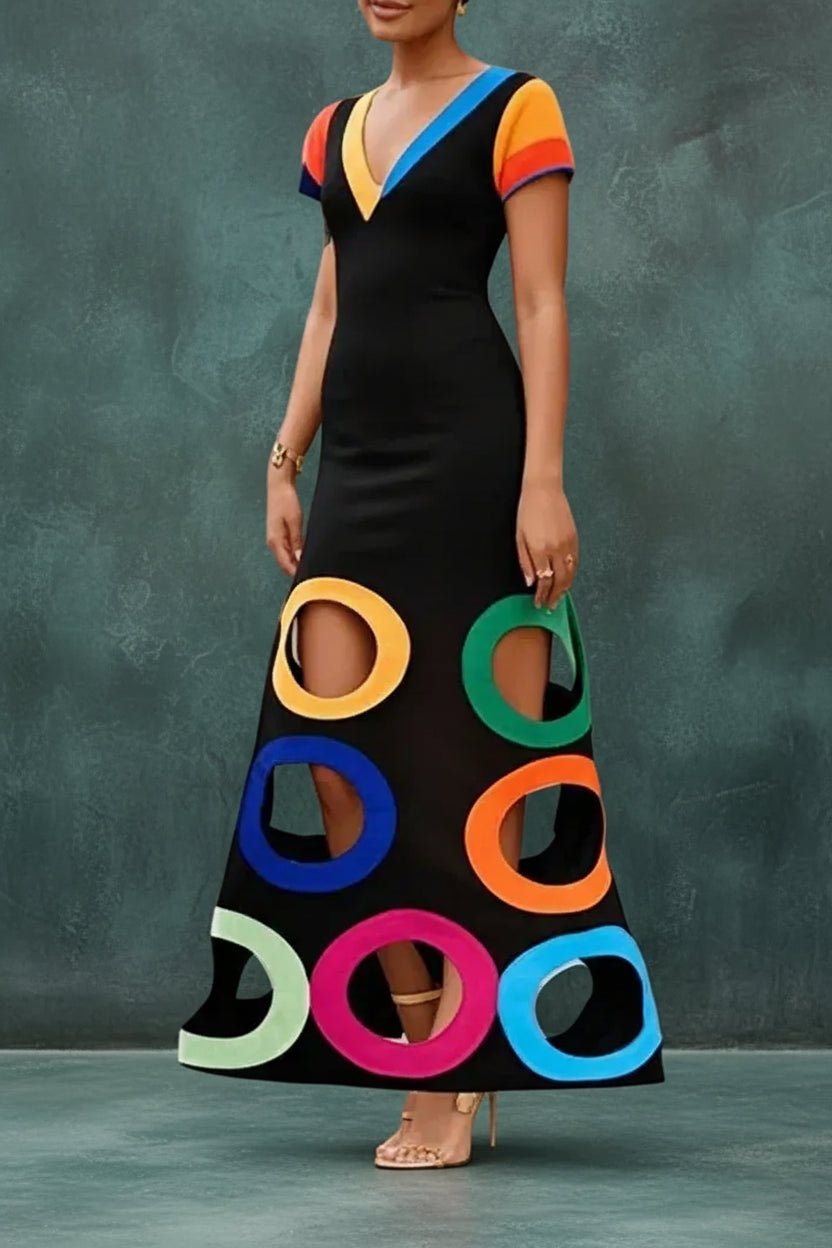 Colorful Circle Cutout Maxi Dress V Neck Short Sleeve