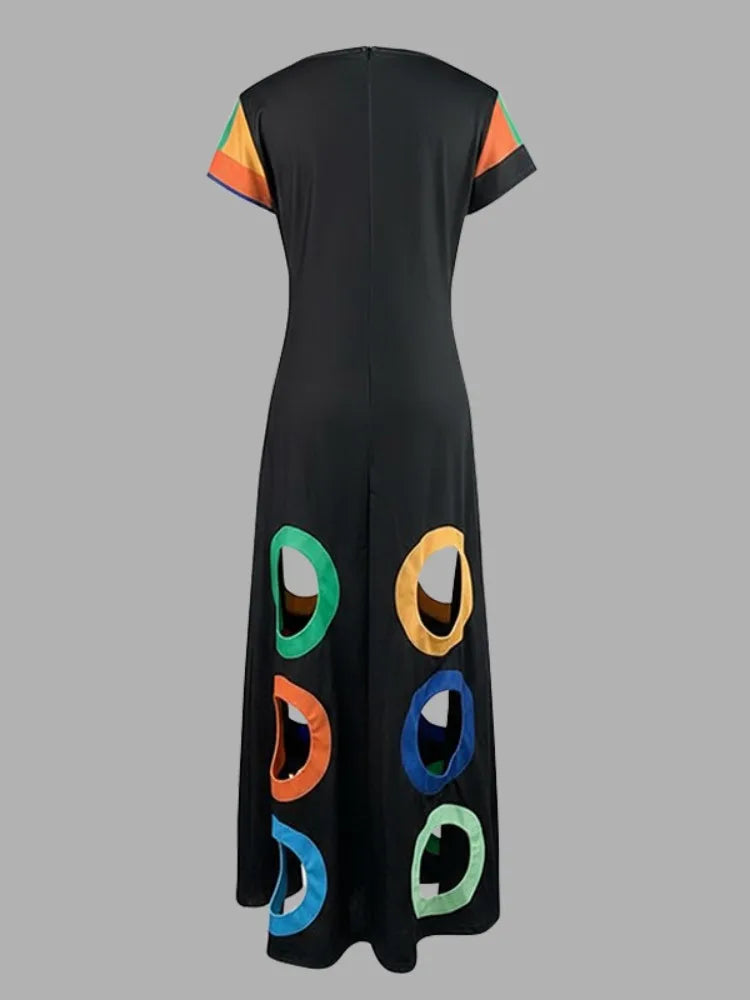 Colorful Circle Cutout Maxi Dress V Neck Short Sleeve