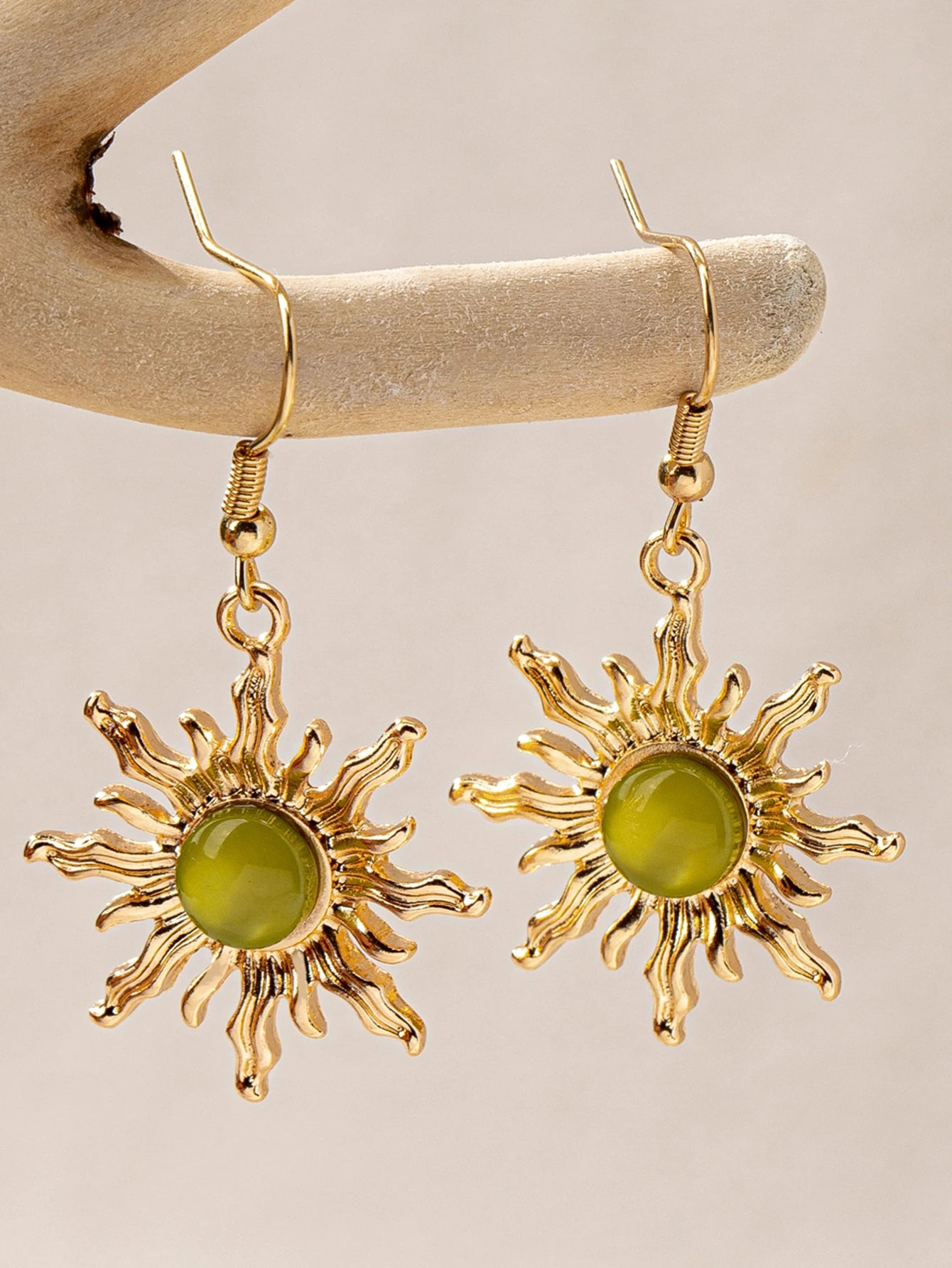 Bohemian Radiant Sun Hook Earrings, Wavy Edge Gold Sun