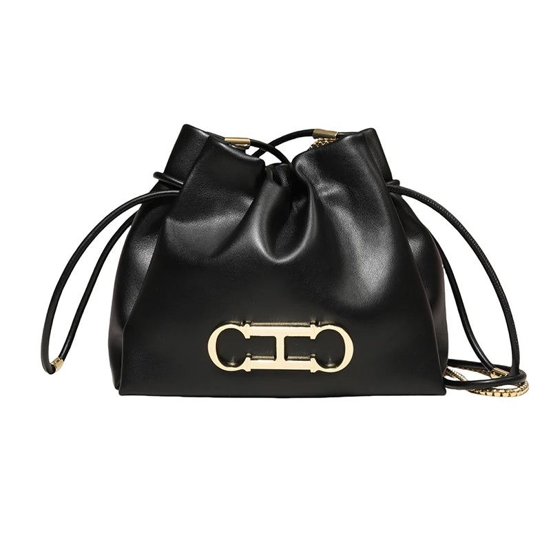 Drawstring Bucket Bag Crossbody Bag with Gold Chain PU