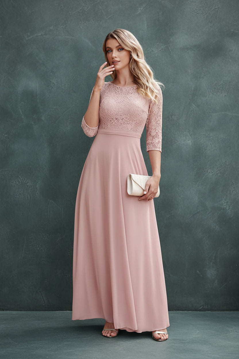 BABYONLINE In Stock Bridesmaid Gown Long Sleeve Floral Lace Appqulies Chiffon A-line Skirt Boho Wedding Party Guest Gown