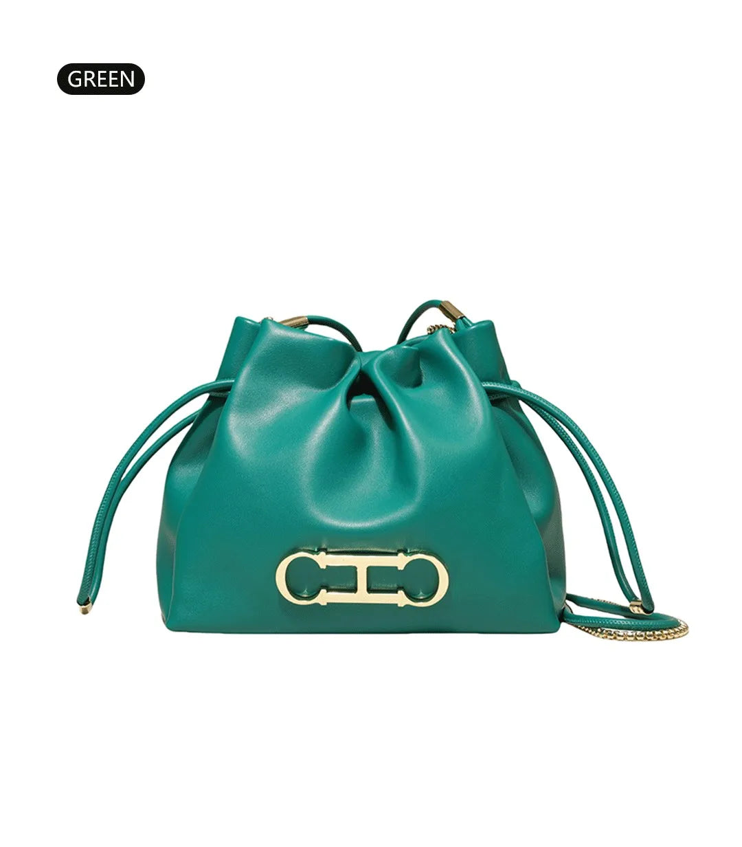 Drawstring Bucket Bag Crossbody Bag with Gold Chain PU