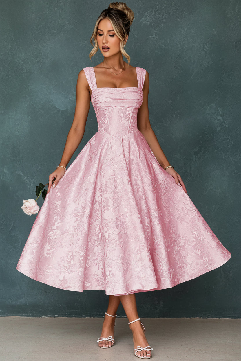 Cap Sleeve Jacquard Prom Dresses for Teens Floral Satin