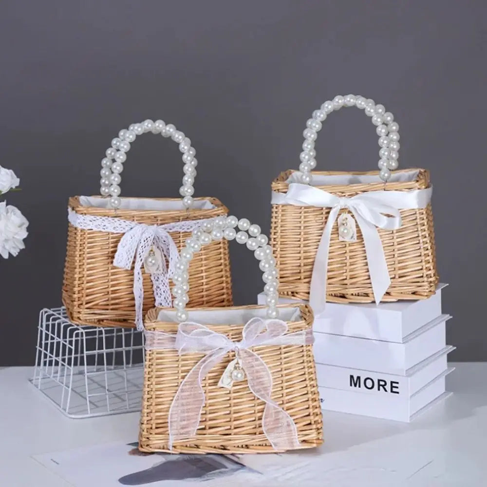 Handwoven Straw Tote Bag with Pearl Handle
