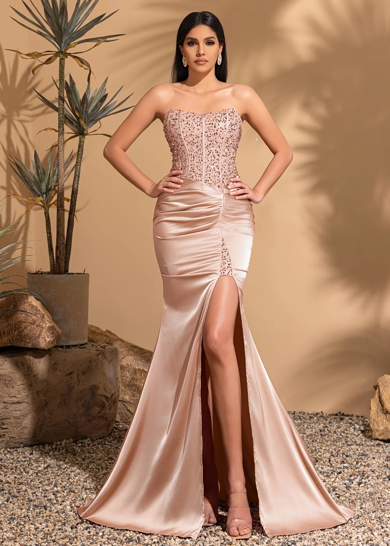 Satin pleated floor-length sequined patchwork strapless dress with back ties